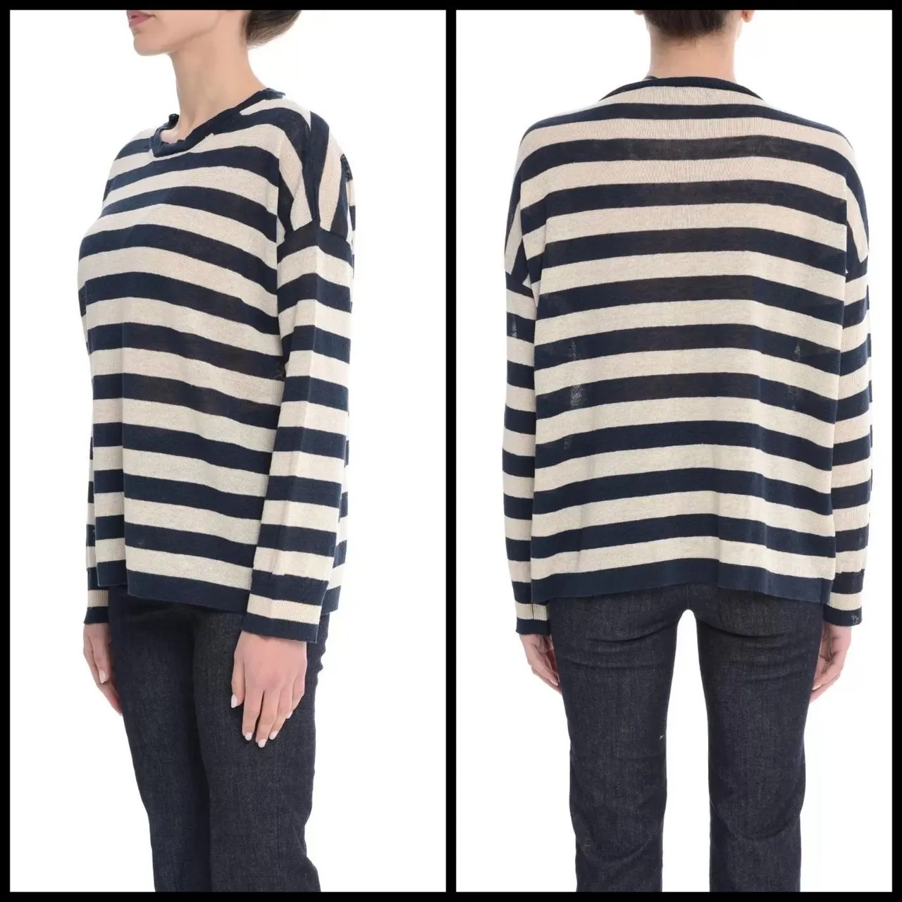 S Max Mara  |Stripes Linen V-neck & Crew neck