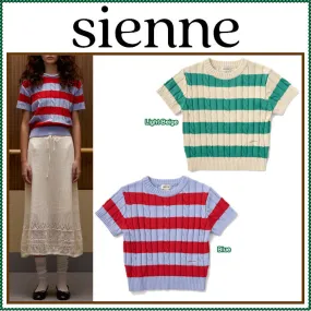 Sienne  |Stripes Street Style Short Sleeves V-neck & Crew neck