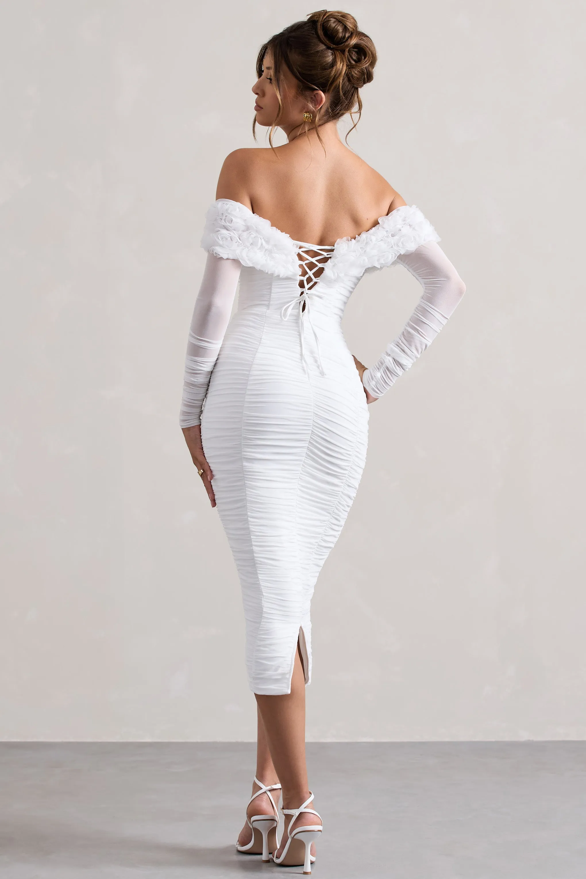 Sierra | White Mesh Ruched Floral Bardot Lace-Up Midi Dress