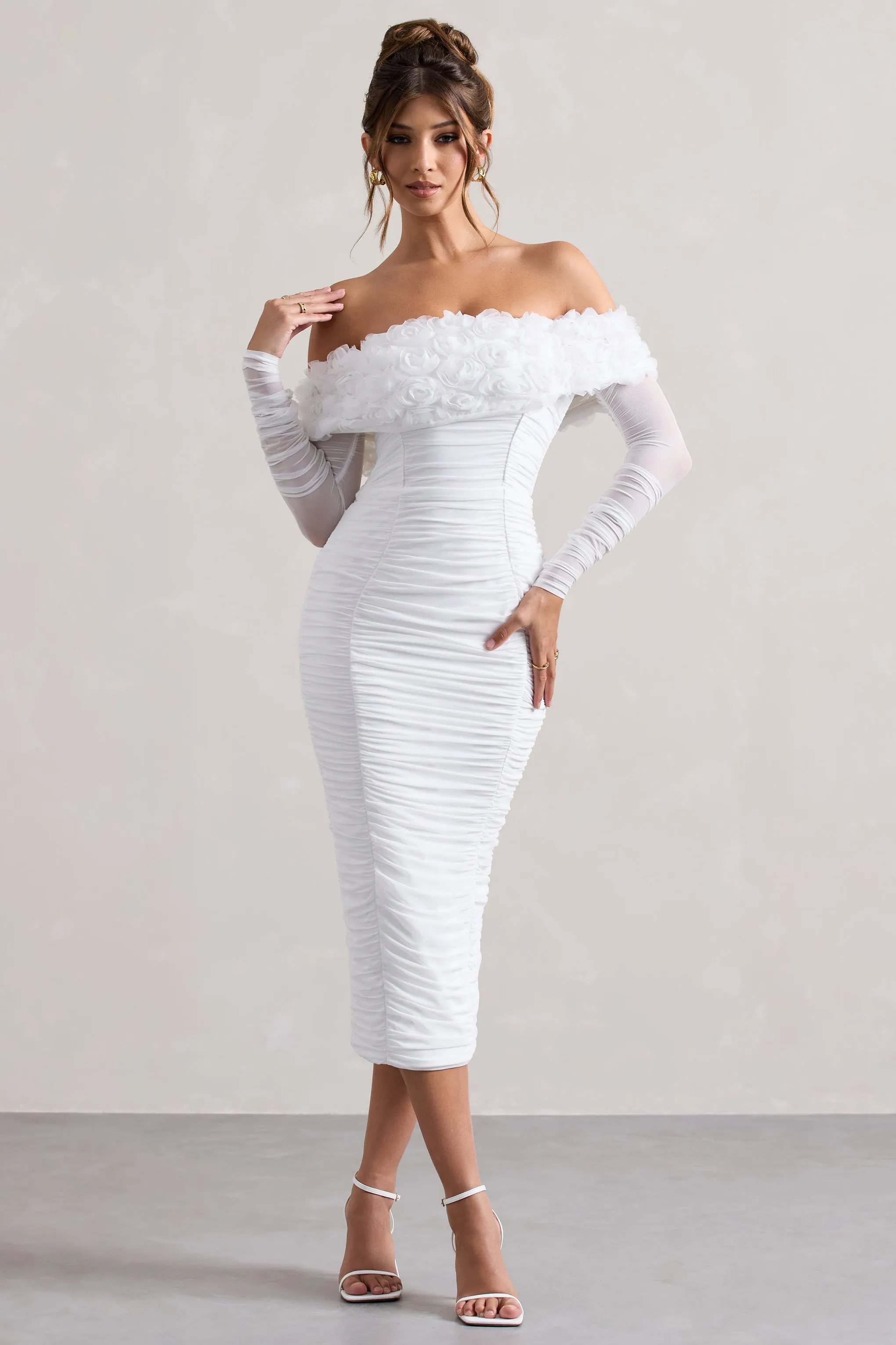 Sierra | White Mesh Ruched Floral Bardot Lace-Up Midi Dress