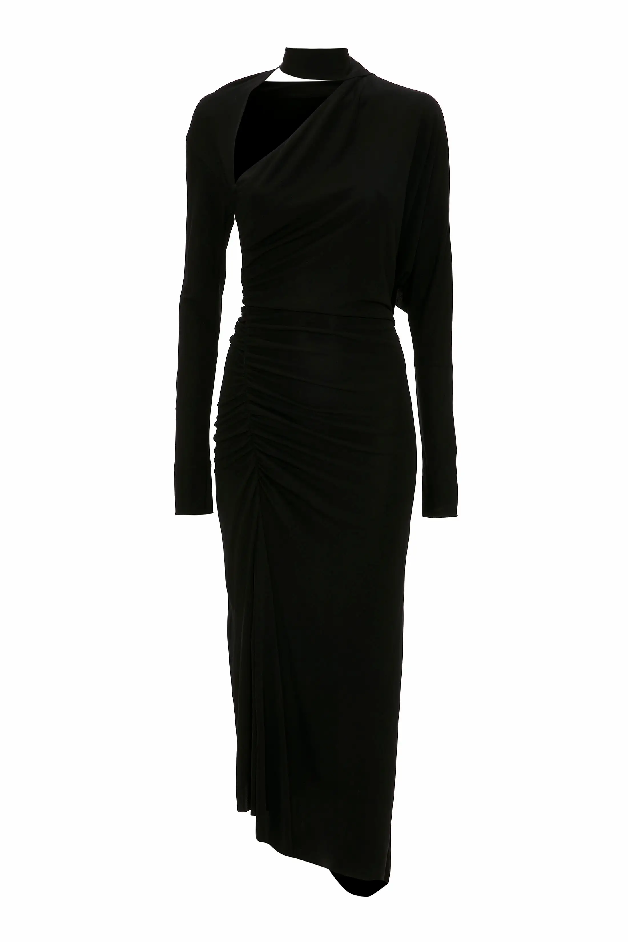 Slash-Neck Ruched Midi Dress In Black