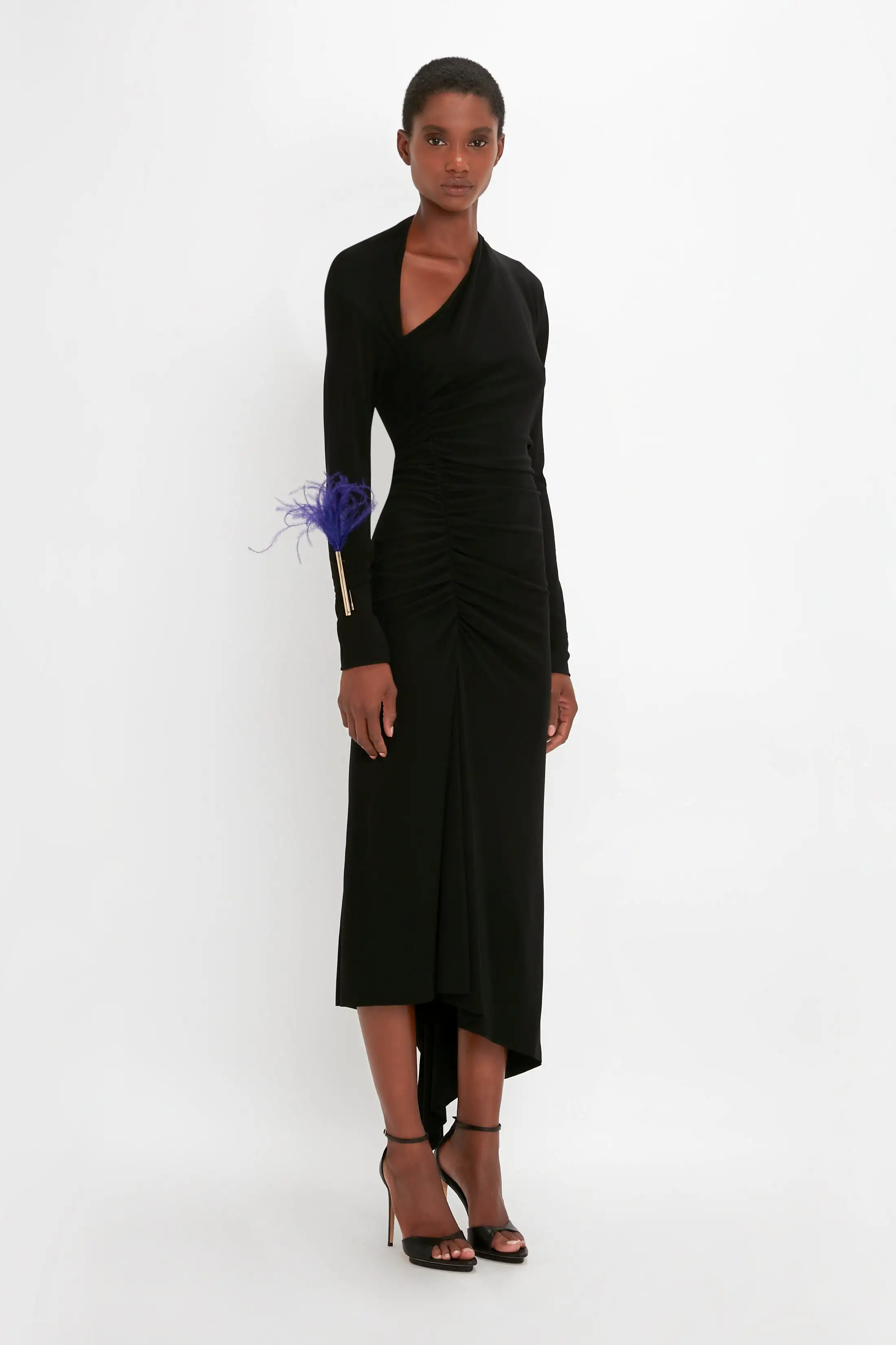 Slash-Neck Ruched Midi Dress In Black