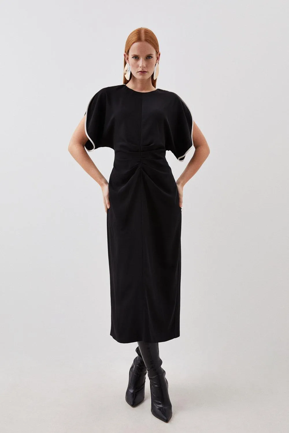 Soft Tailored Ruched Front Contrast Tipped Detail Midi Dress | Karen Millen