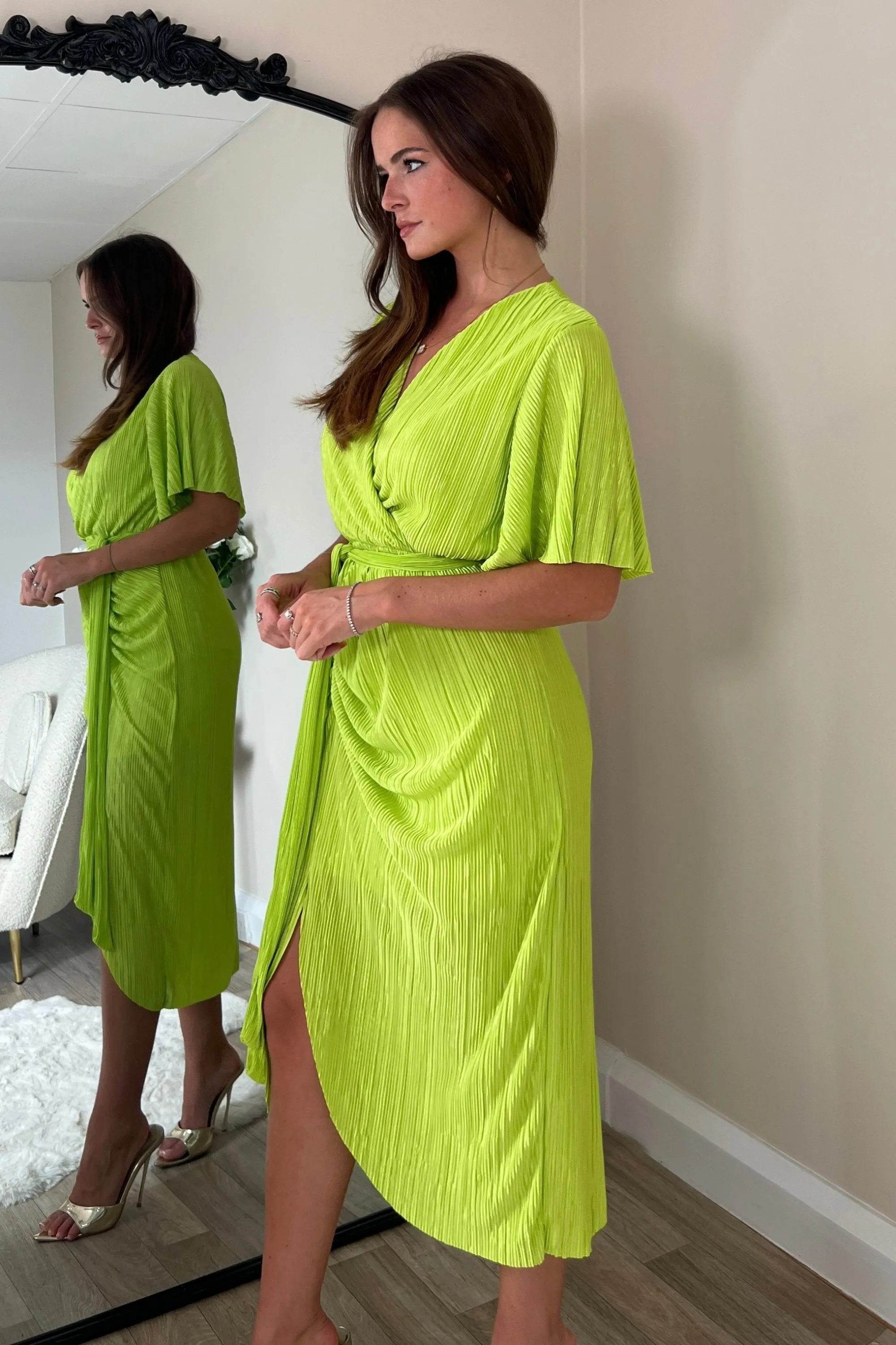 Tabby Lime Ruched Midi Dress