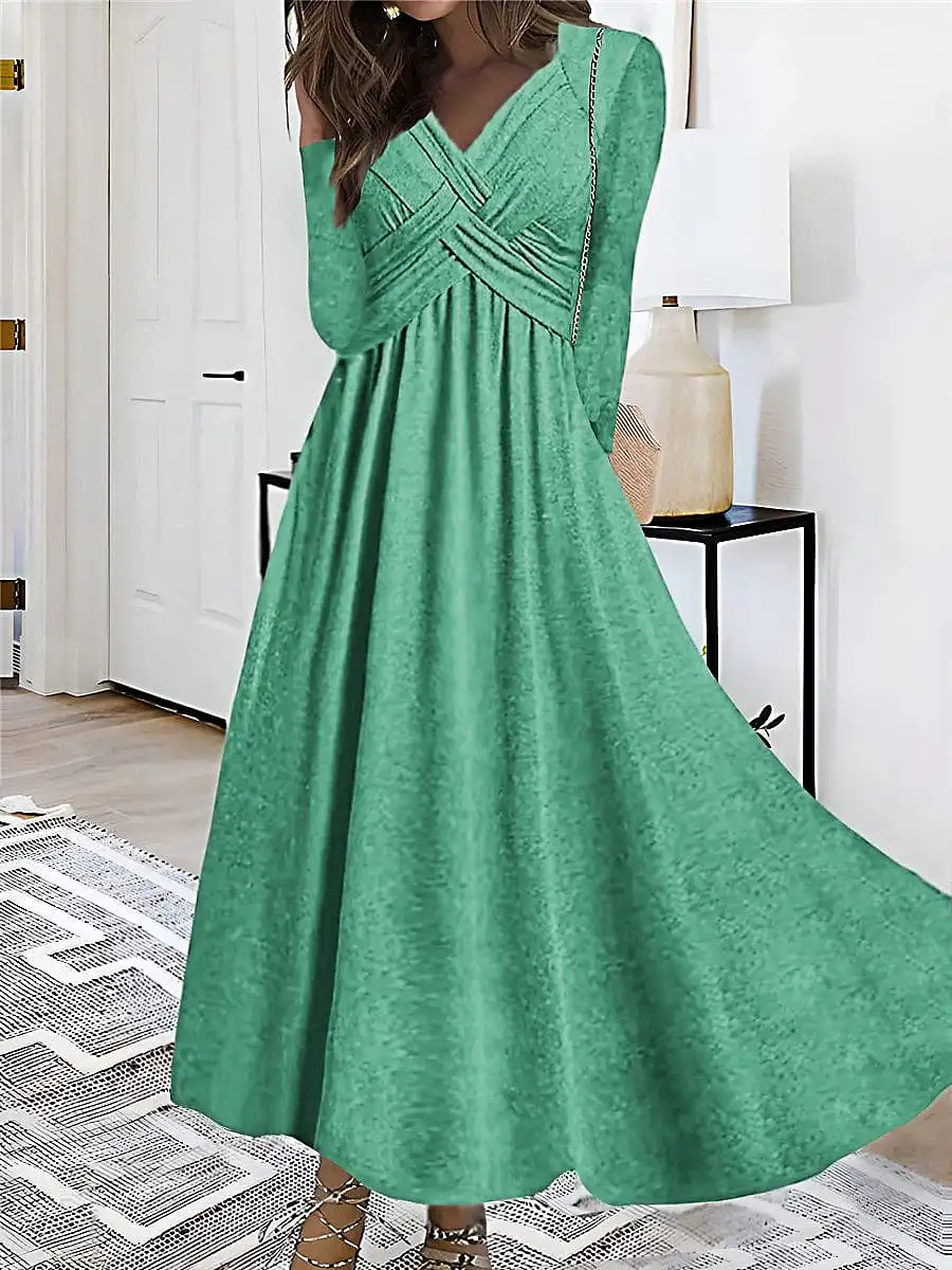 V-Neck Ruched Long Sleeve Midi Swing Dress for Women