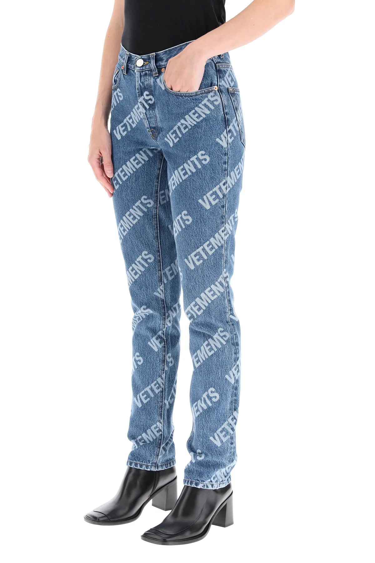 Vetements Allover Logo Printed Straight Leg Jeans