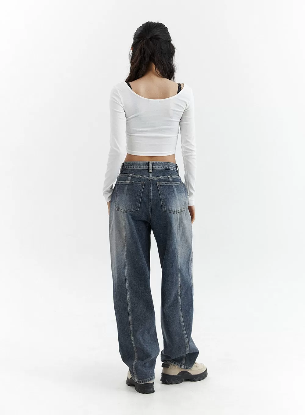 Washed Button Straight Leg Jeans CJ425