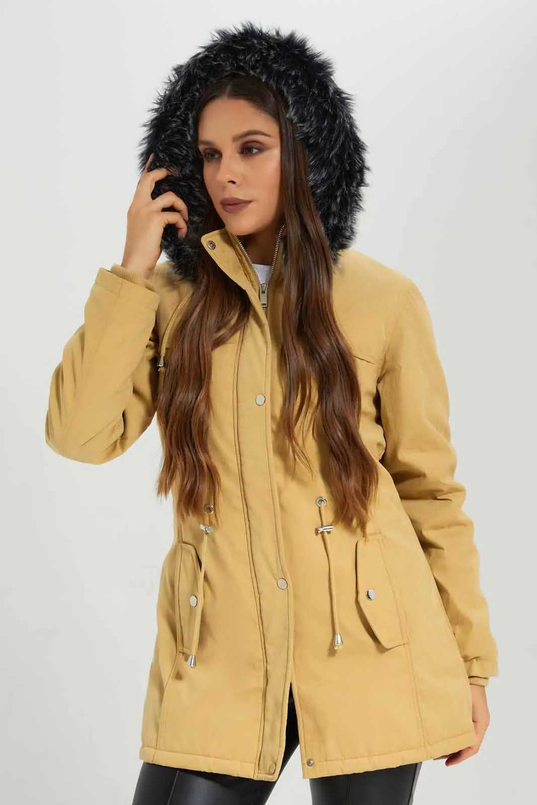 Women Beige Hooded Fur Puffer Padded Jacket