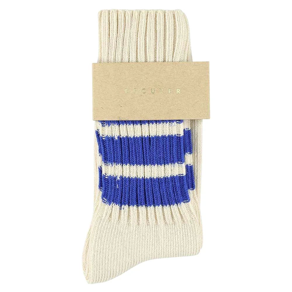 Women Stripes Crew Socks - Ecru / Bright Blue