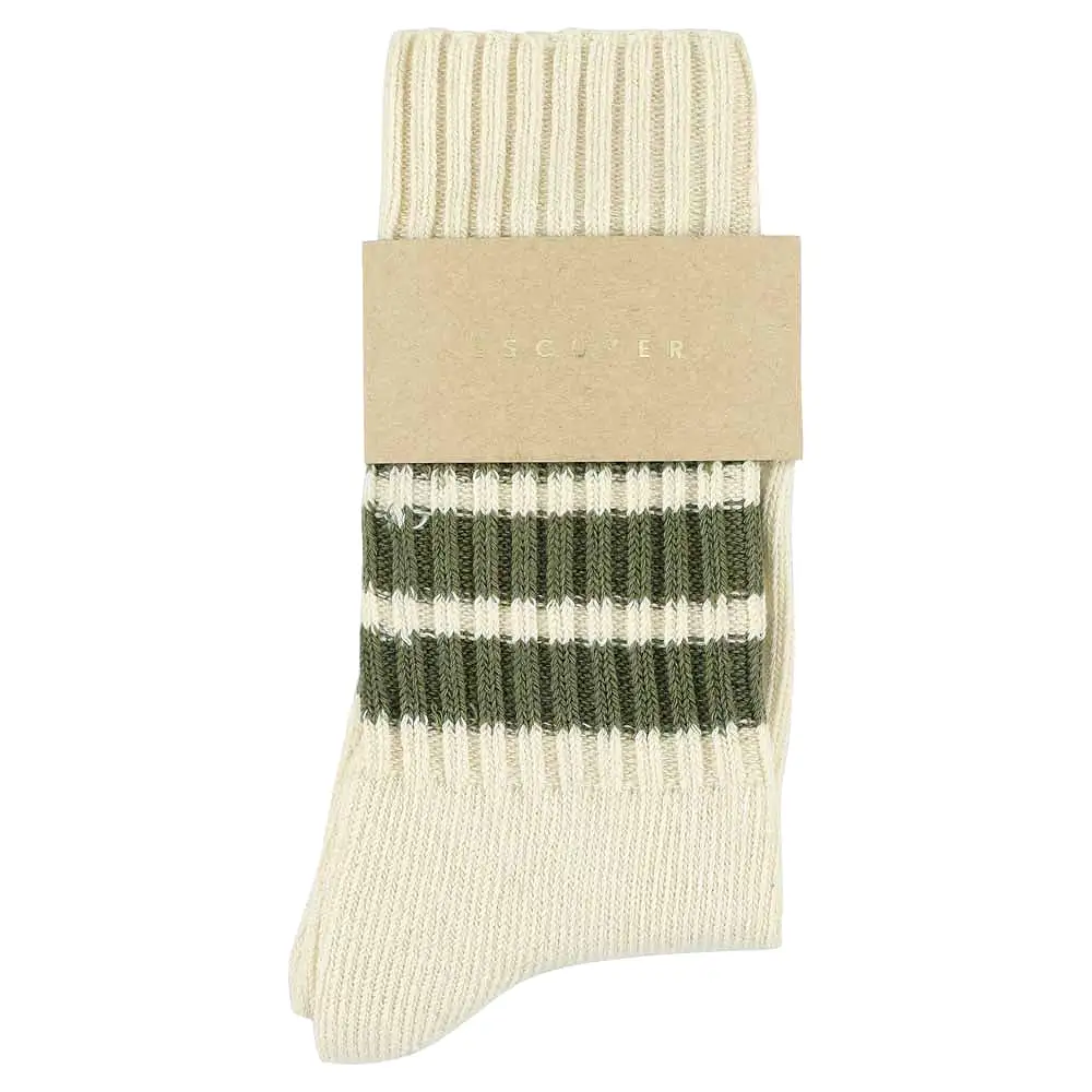 Women Stripes Crew Socks - Ecru / Khaki