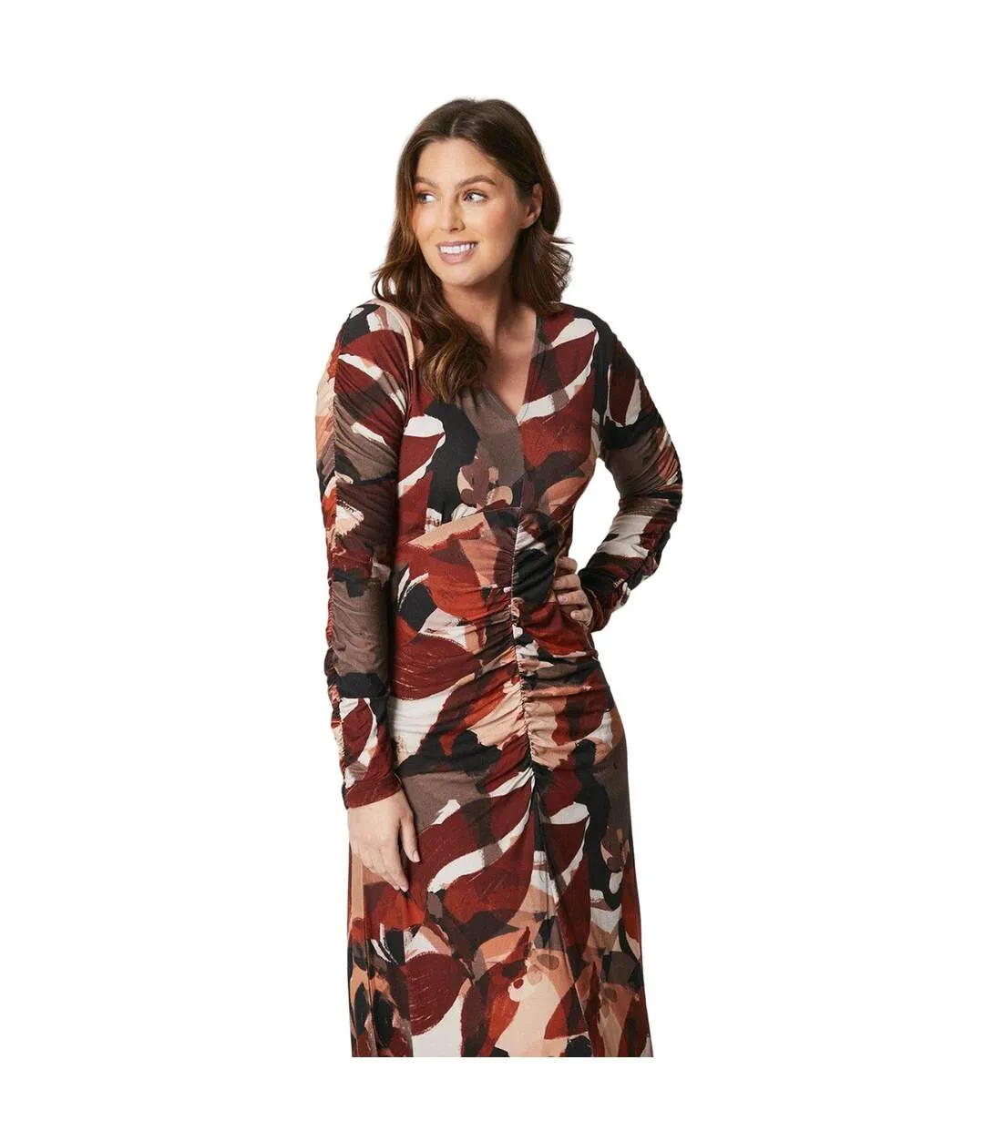 Womens/ladies floral ruched front midi dress brown/black Principles