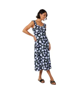 Womens/ladies floral ruched front sleeveless midi dress black/blue Dorothy Perkins