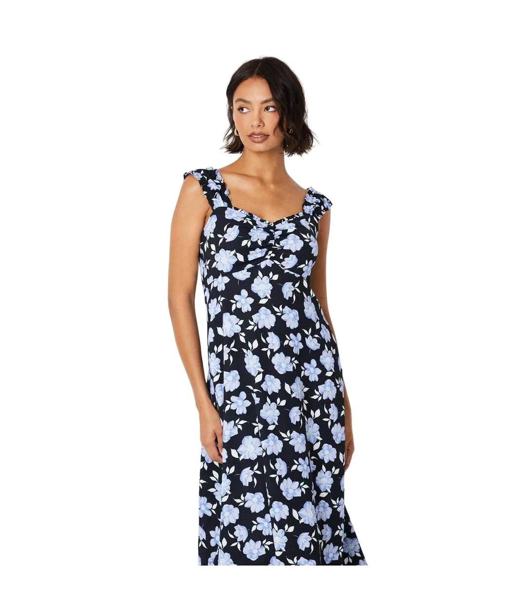 Womens/ladies floral ruched front sleeveless midi dress black/blue Dorothy Perkins