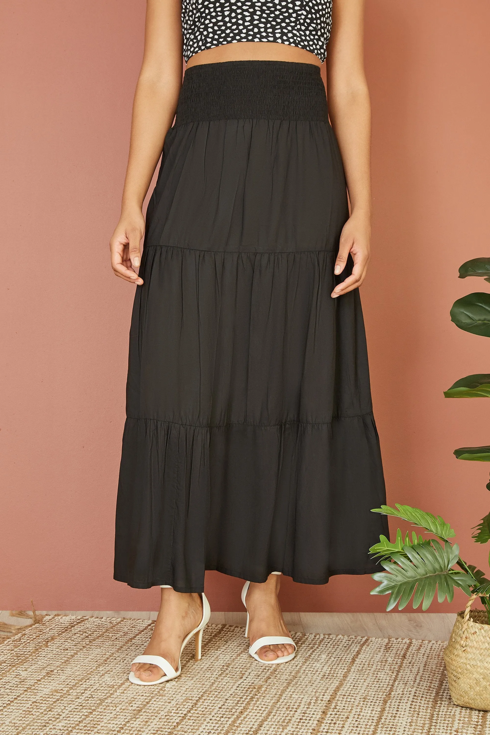 Yumi Black Ruched Waist Tiered Midi Skirt