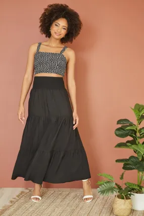 Yumi Black Ruched Waist Tiered Midi Skirt