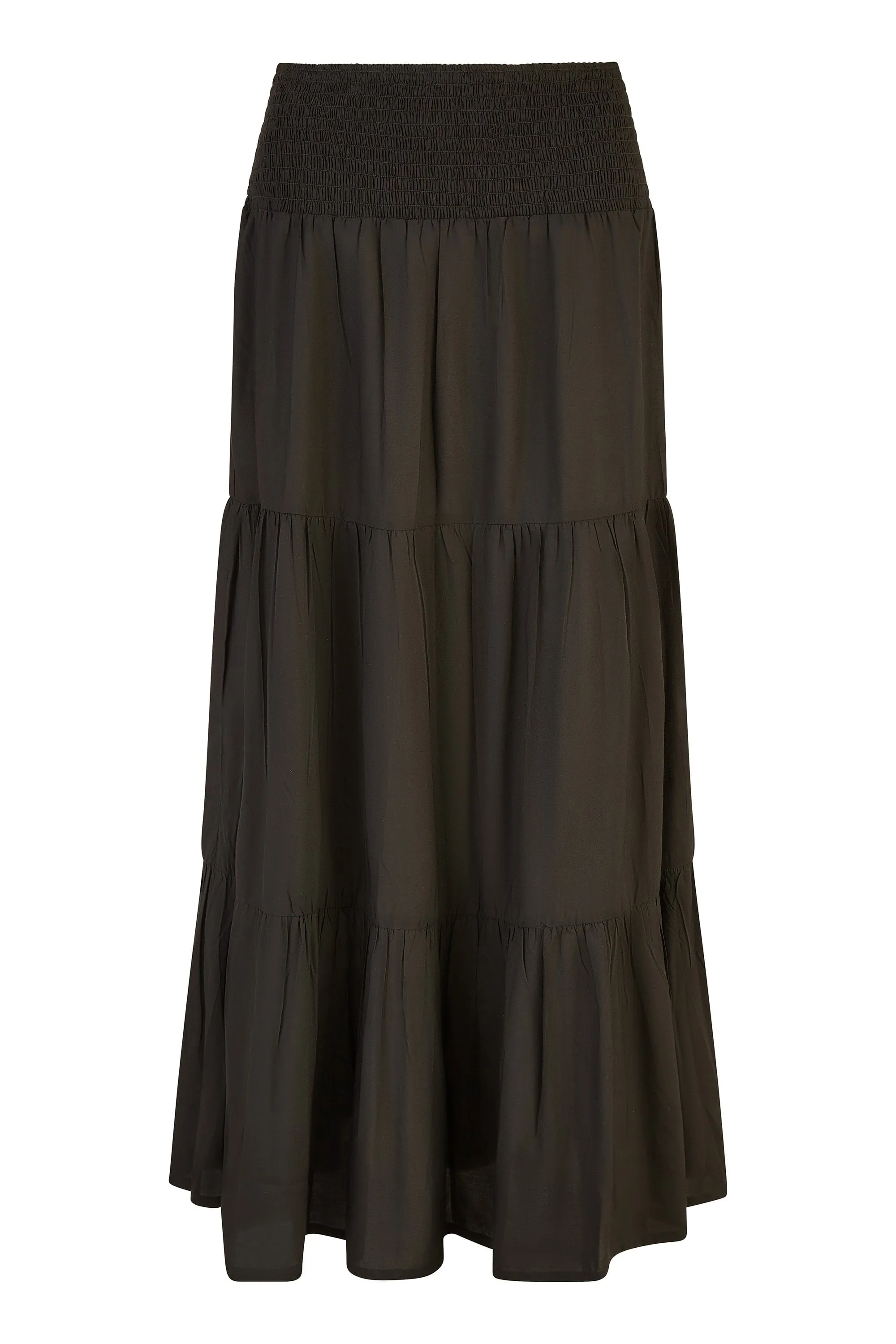 Yumi Black Ruched Waist Tiered Midi Skirt