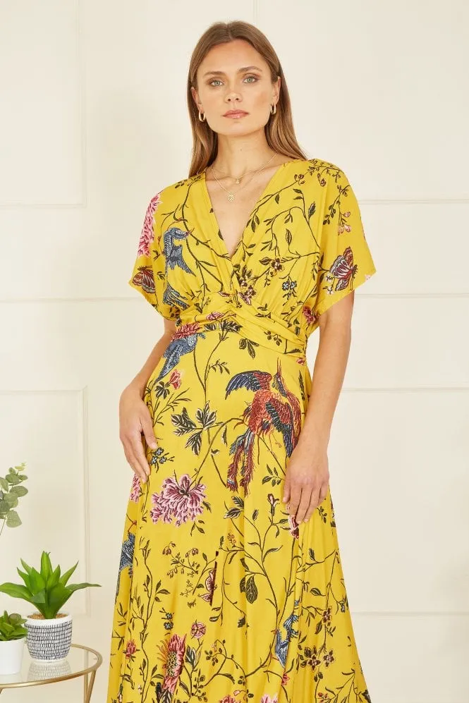 Yumi Yellow Viscose Bird And Floral Print Ruched Waist Midi Dress