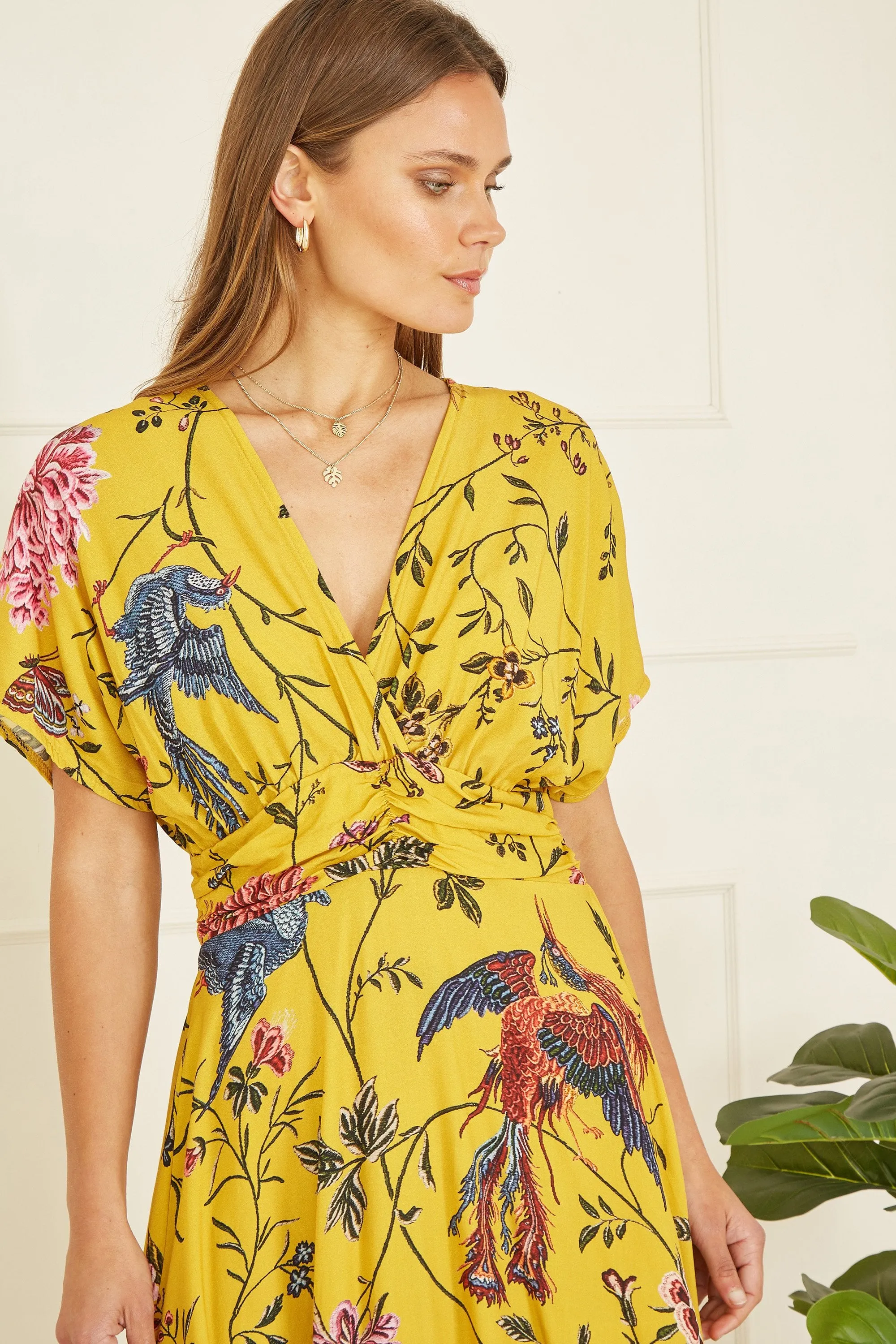 Yumi Yellow Viscose Bird And Floral Print Ruched Waist Midi Dress