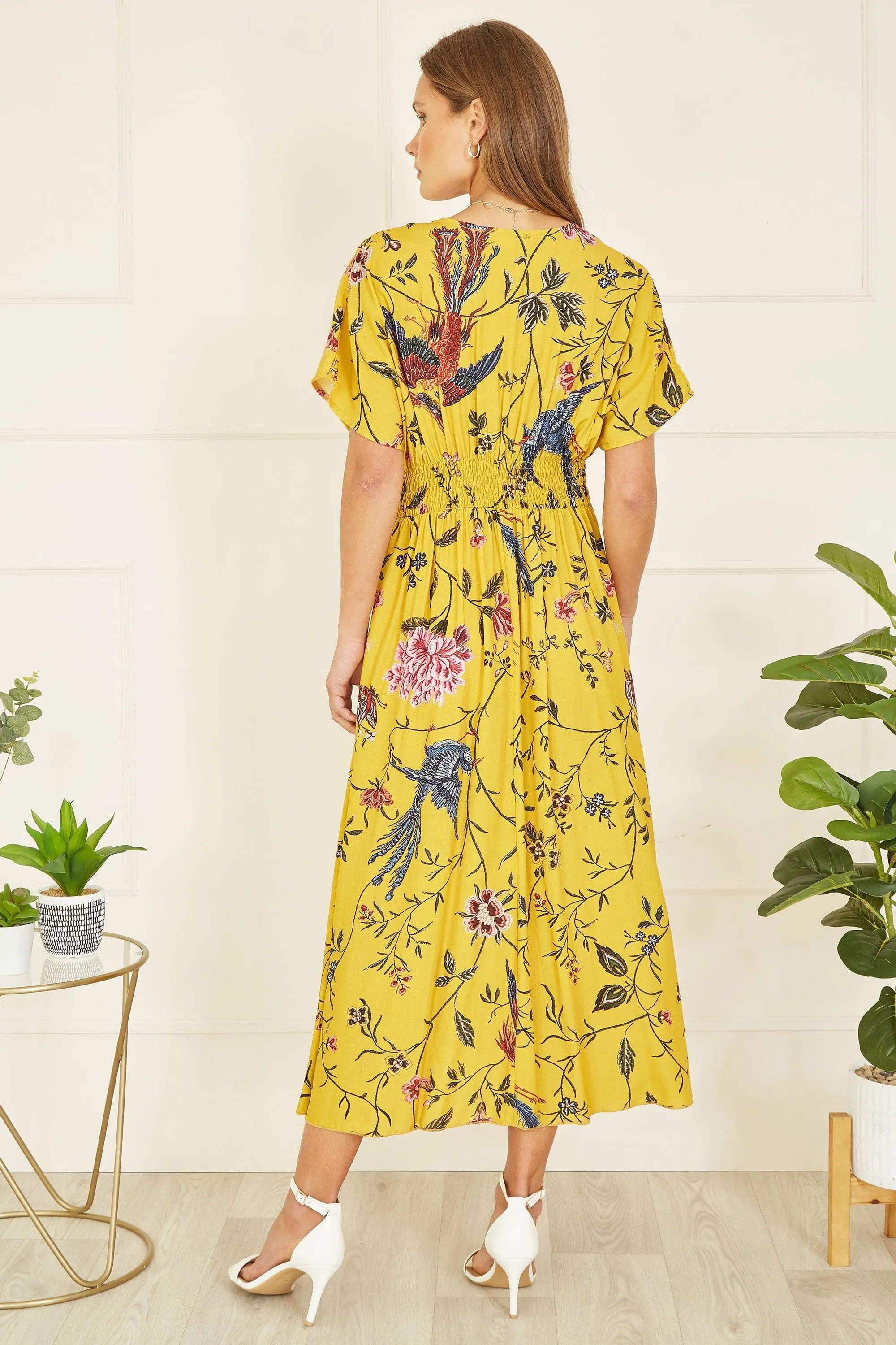 Yumi Yellow Viscose Bird And Floral Print Ruched Waist Midi Dress