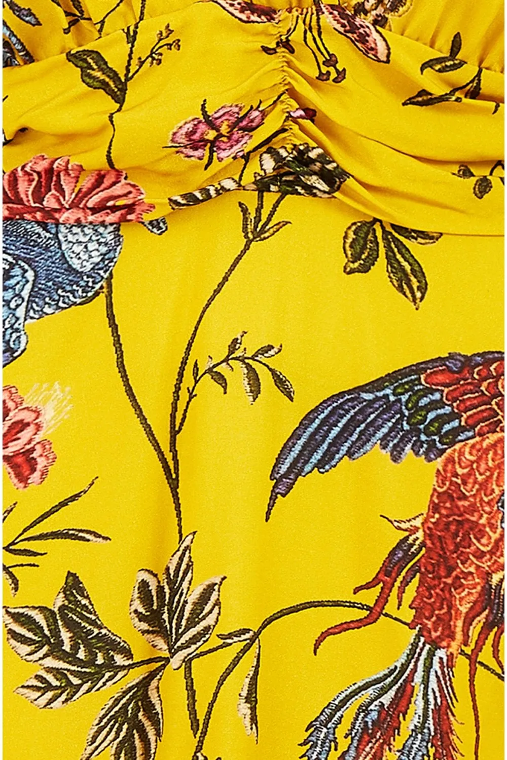 Yumi Yellow Viscose Bird And Floral Print Ruched Waist Midi Dress