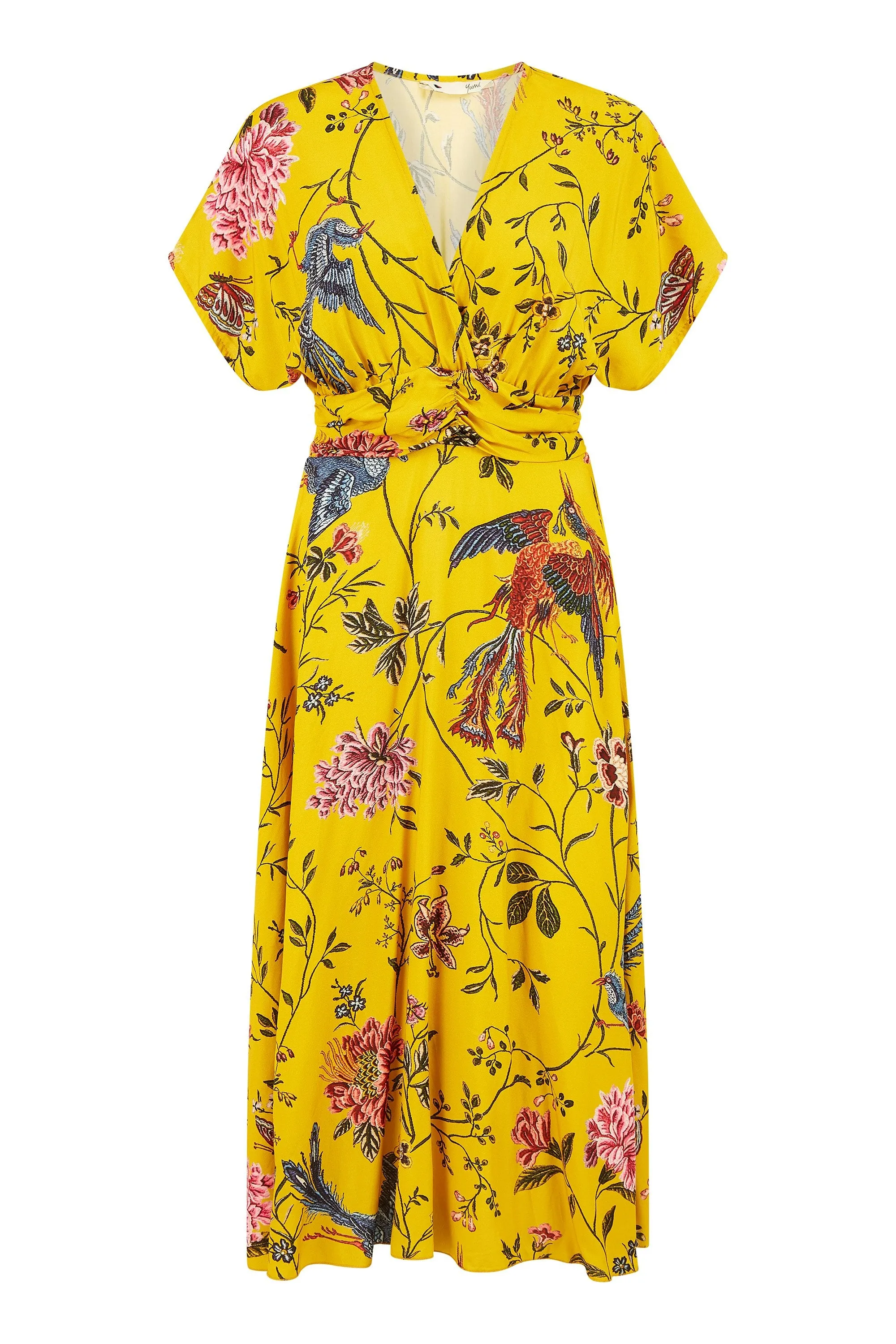 Yumi Yellow Viscose Bird And Floral Print Ruched Waist Midi Dress